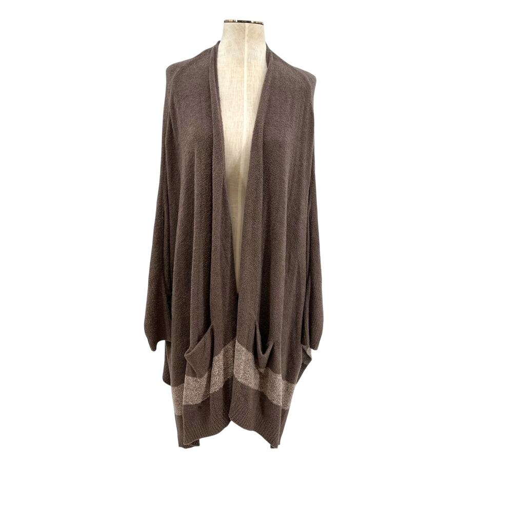 Barefoot Dreams CozyChic Cliffside Wrap Open Sweater Striped Brown One Size Plus